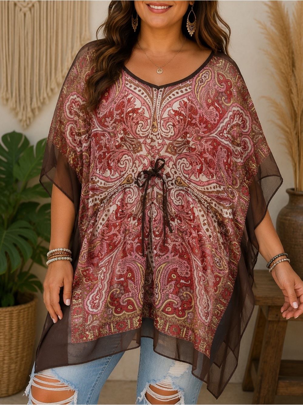 Lane Bryant Pink Paisley Tie-Front Sheer Tunic with Brown Trim Boho Cottagecore